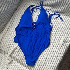 SHEIN Royal Blue Plunge One-Piece Swimsuit with Tie Straps